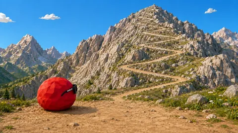 Low-Poly-Illustration: FRED mit Sonnenbrille vor einem hohen Berg mit Serpentinenweg