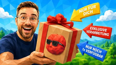 Low-Poly-Illustration: Christian Dietz hält ein Geschenk mit FRED, Pfeile mit „Nur für dich“ und „Nur noch 1x verfügbar“