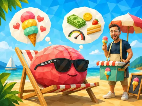 Low-Poly-Illustration: FRED im Liegestuhl denkt an Eis und Geld, Christian als Eisverkäufer
